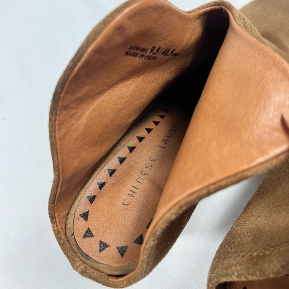 Chinese Laundry Kelso Slip On Open Back Asymmetrical Split Tan Suede Ankle Boots - Picture 8 of 9